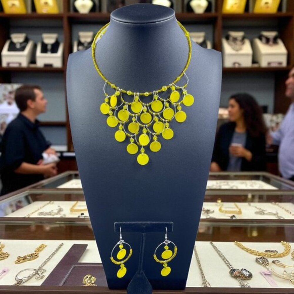 Yellow Wrap Around Beaded Disc Statement Necklace Earrings Set Boho Festival‎
